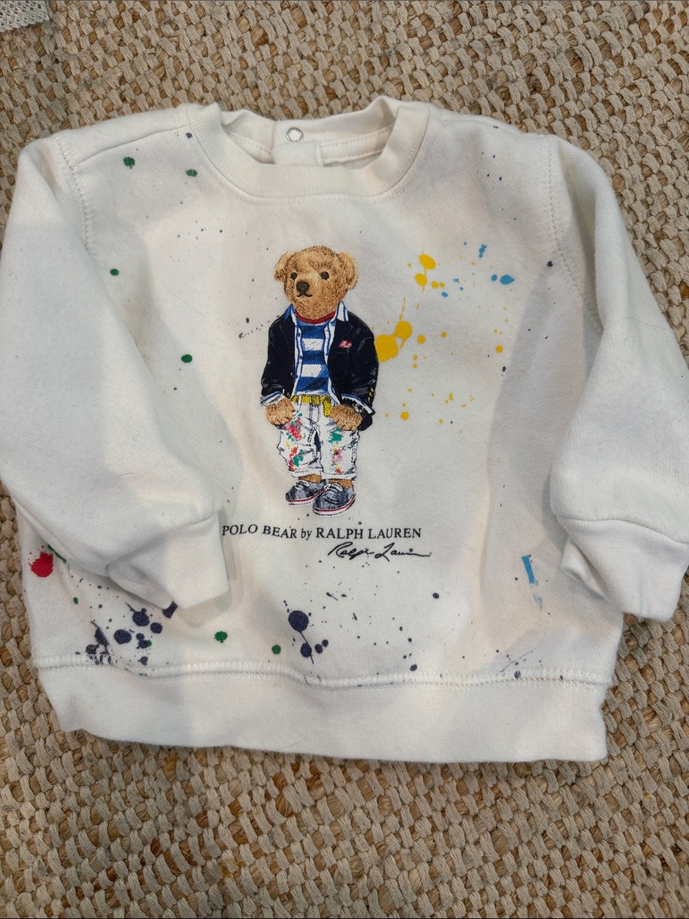 Ralph Lauren White Polo Bear Sweatshirt with Multicolor Paint Splatter